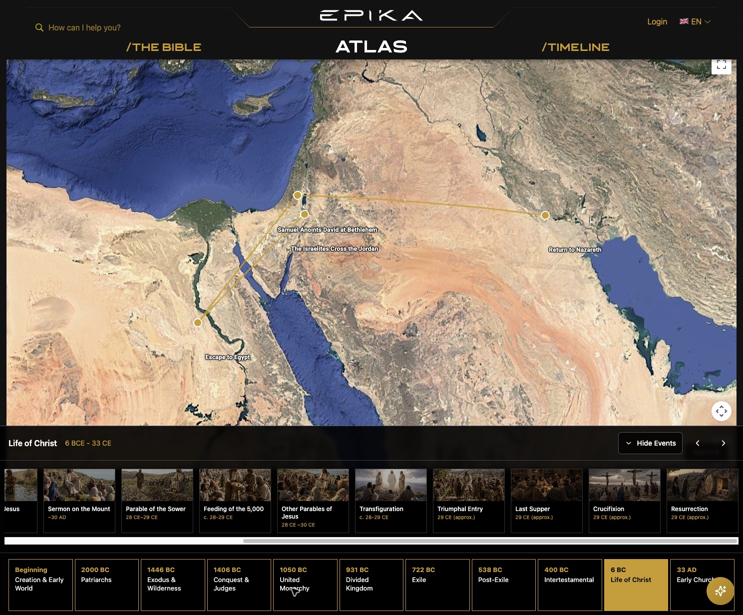 Epika Bible software showing Bible atlas and timeline study tools